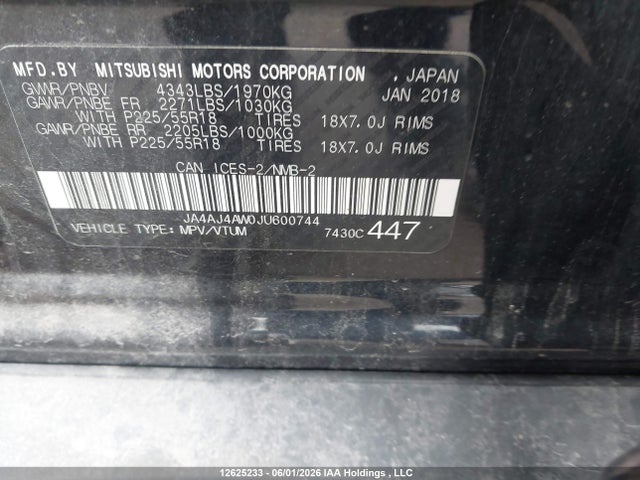 Aukcja sprzedaży 2018 Mitsubishi Rvr Se Limited/gt, vin: JA4AJ4AW0JU600744, numer aukcji: 12625233