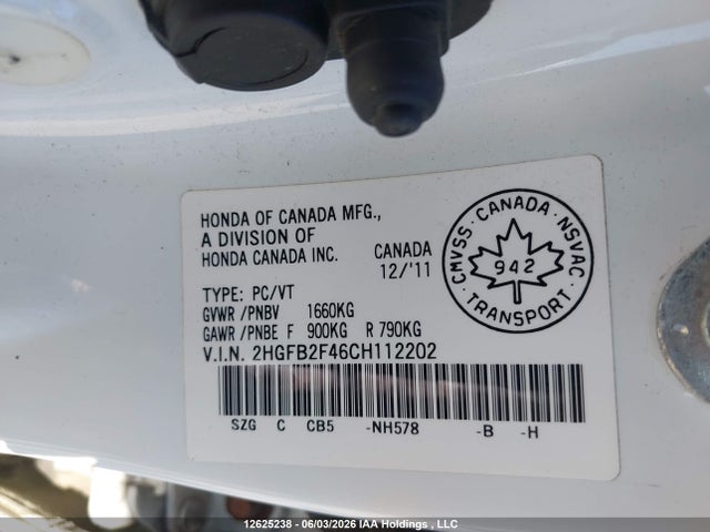 2012 Honda Civic Lx მანქანა იყიდება აუქციონზე, vin: 2HGFB2F46CH112202, აუქციონის ნომერი: 12625238