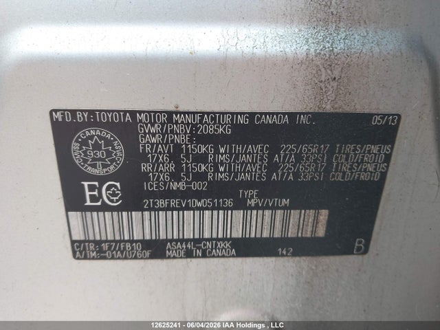 Aukcja sprzedaży 2013 Toyota Rav4 Le, vin: 2T3BFREV1DW051136, numer aukcji: 12625241