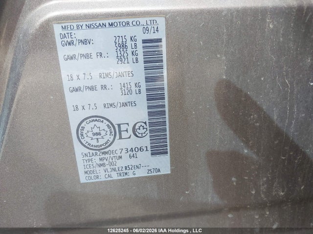 2014 Nissan Pathfinder Platinum/s/sl/sv მანქანა იყიდება აუქციონზე, vin: 5N1AR2MM0EC734061, აუქციონის ნომერი: 12625245