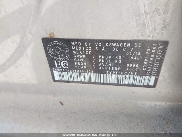 Auction sale of the 2018 Volkswagen Golf Sportwagen S/se, vin: 3VWD17AU2JM761729, lot number: 12625249