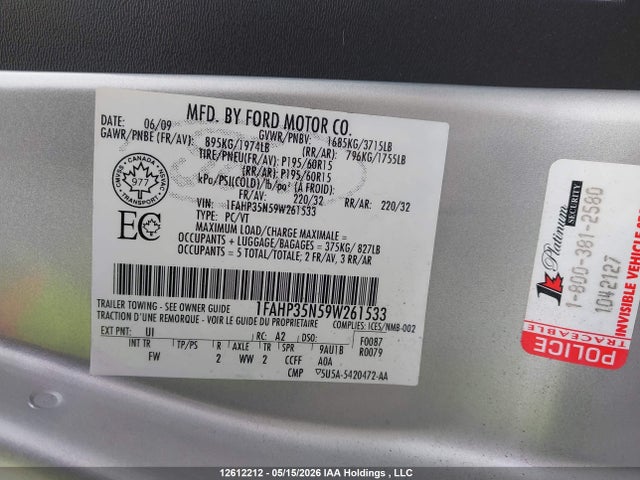 12612212 :رقم المزاد ، 1FAHP35N59W261533 vin ، 2009 Ford Focus Se مزاد بيع