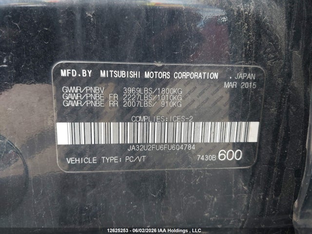 2015 Mitsubishi Lancer Gt/se მანქანა იყიდება აუქციონზე, vin: JA32U2FU6FU604784, აუქციონის ნომერი: 12625253