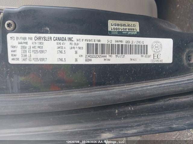 12620709 :رقم المزاد ، 2C4RDGDG2CR254444 vin ، 2012 Dodge Grand Caravan Crew مزاد بيع