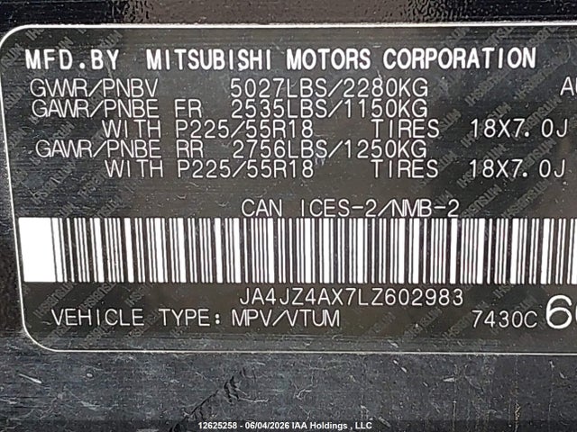 Продаж на аукціоні авто 2020 Mitsubishi Outlander Gt, vin: JA4JZ4AX7LZ602983, номер лоту: 12625258