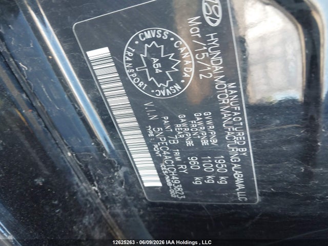 12625263 :رقم المزاد ، 5NPEC4AC1CH493823 vin ، 2012 Hyundai Sonata مزاد بيع