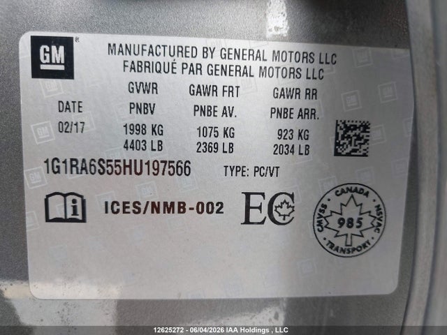 2017 Chevrolet Volt Lt მანქანა იყიდება აუქციონზე, vin: 1G1RA6S55HU197566, აუქციონის ნომერი: 12625272