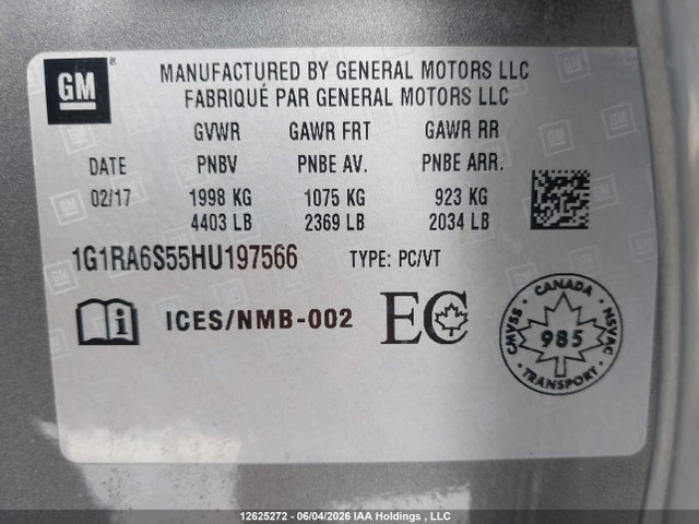2017 Chevrolet Volt Lt მანქანა იყიდება აუქციონზე, vin: 1G1RA6S55HU197566, აუქციონის ნომერი: 12625272