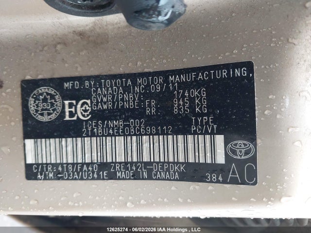 Auction sale of the 2011 Toyota Corolla S/le, vin: 2T1BU4EE0BC698112, lot number: 12625274