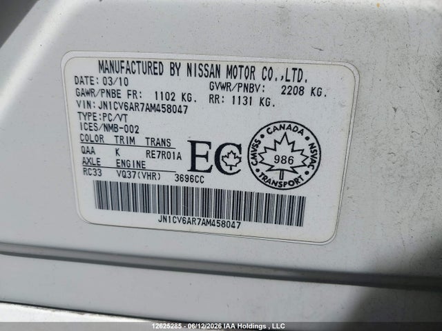 12625285 :رقم المزاد ، JN1CV6AR7AM458047 vin ، 2010 Infiniti G37x مزاد بيع