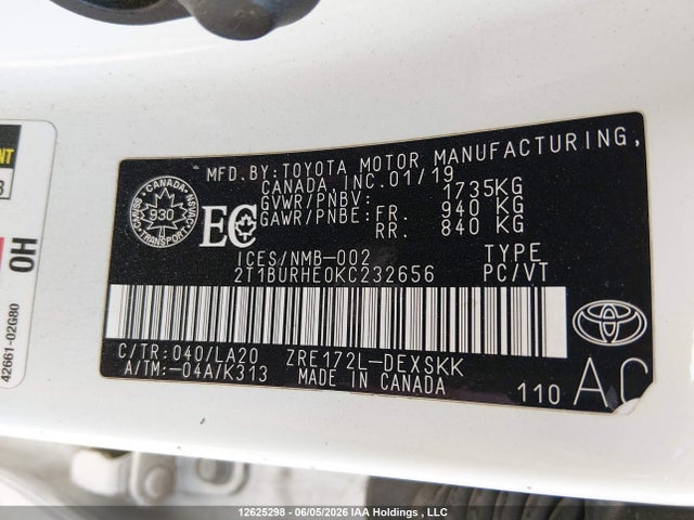 2019 Toyota Corolla მანქანა იყიდება აუქციონზე, vin: 2T1BURHE0KC232656, აუქციონის ნომერი: 12625298