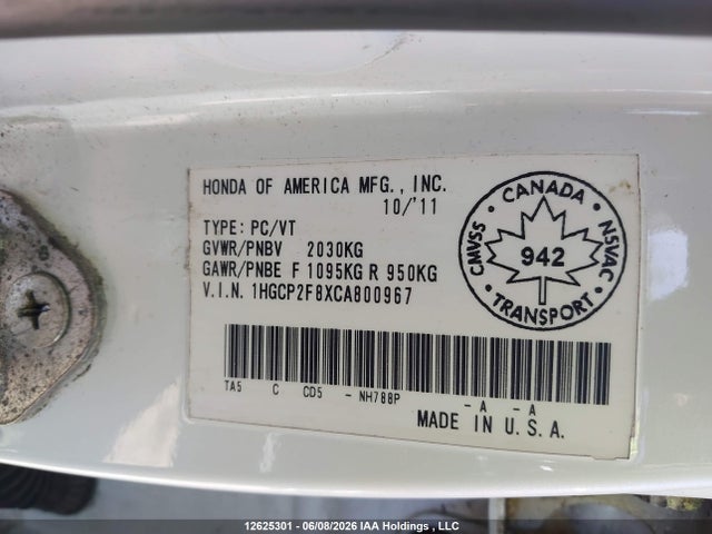 Продаж на аукціоні авто 2012 Honda Accord Exl, vin: 1HGCP2F8XCA800967, номер лоту: 12625301