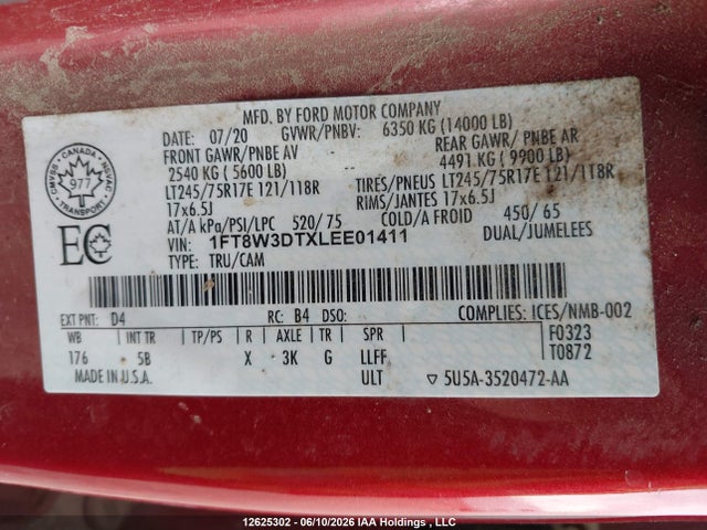 2020 Ford F-350 Lariat მანქანა იყიდება აუქციონზე, vin: 1FT8W3DTXLEE01411, აუქციონის ნომერი: 12625302