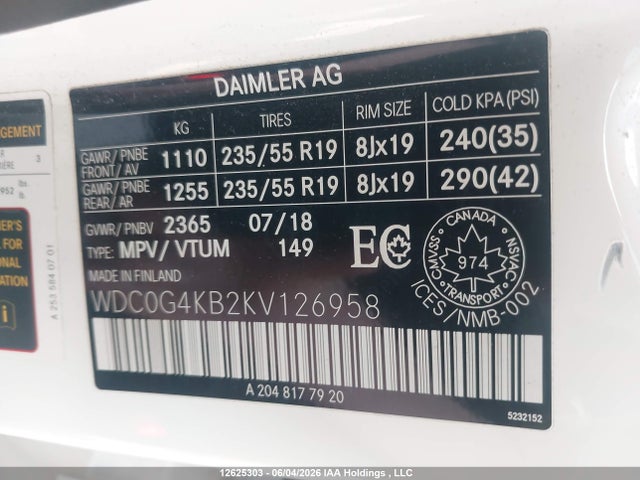 12625303 :رقم المزاد ، WDC0G4KB2KV126958 vin ، 2019 Mercedes-benz Glc 300 4matic مزاد بيع