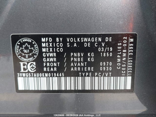 2019 Volkswagen Golf 1.4 Tsi Comfortline/1.4 Tsi Execline/1.4 Tsi Highline მანქანა იყიდება აუქციონზე, vin: 3VWG57AU0KM019445, აუქციონის ნომერი: 12620658