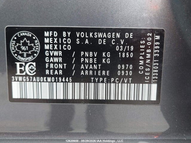 2019 Volkswagen Golf 1.4 Tsi Comfortline/1.4 Tsi Execline/1.4 Tsi Highline მანქანა იყიდება აუქციონზე, vin: 3VWG57AU0KM019445, აუქციონის ნომერი: 12620658