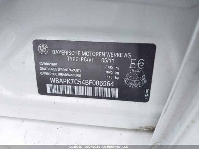 Продаж на аукціоні авто 2011 Bmw 3 Series, vin: WBAPK7C54BF086564, номер лоту: 12039066