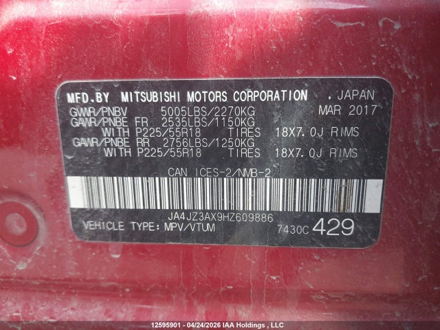 Auction sale of the 2017 Mitsubishi Outlander Se, vin: JA4JZ3AX9HZ609886, lot number: 12595901
