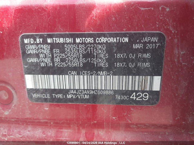 Auction sale of the 2017 Mitsubishi Outlander Se, vin: JA4JZ3AX9HZ609886, lot number: 12595901