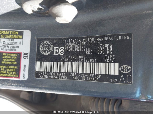 12616831 :رقم المزاد ، 2T1BURHE5EC196824 vin ، 2014 Toyota Corolla Ce مزاد بيع