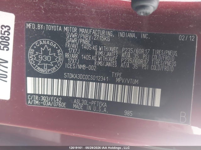 12619161 :رقم المزاد ، 5TDKA3DC0CS012341 vin ، 2012 Toyota Sienna Le مزاد بيع