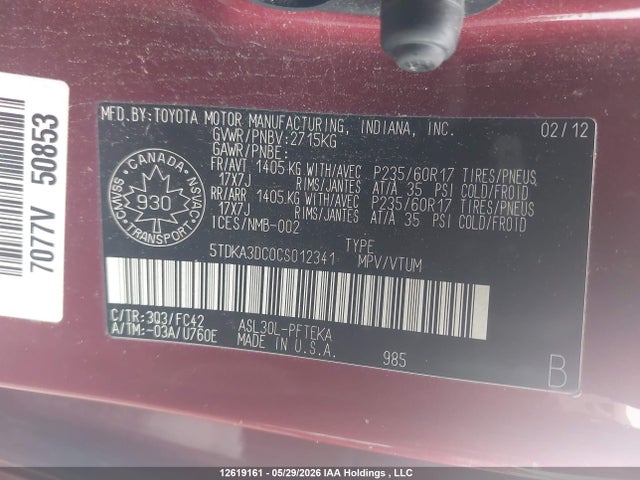 12619161 :رقم المزاد ، 5TDKA3DC0CS012341 vin ، 2012 Toyota Sienna Le مزاد بيع