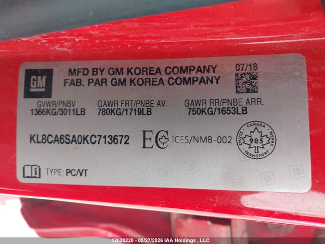 2019 Chevrolet Spark Ls Manual მანქანა იყიდება აუქციონზე, vin: KL8CA6SA0KC713672, აუქციონის ნომერი: 12620228