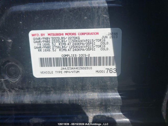12611839 :رقم المزاد ، JA4JZ3AX4EZ602310 vin ، 2014 Mitsubishi Outlander Se مزاد بيع