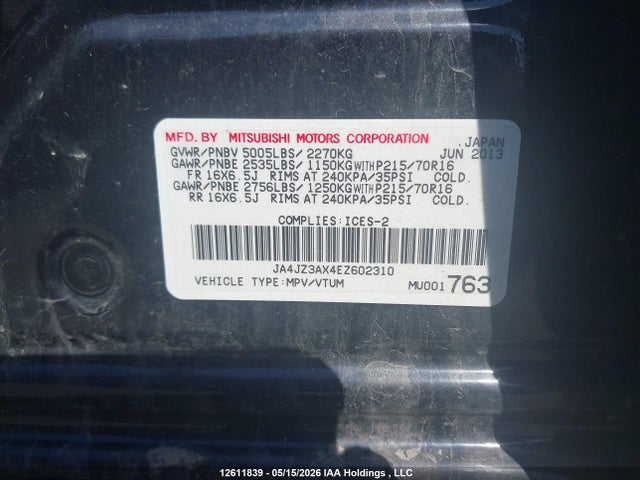 12611839 :رقم المزاد ، JA4JZ3AX4EZ602310 vin ، 2014 Mitsubishi Outlander Se مزاد بيع