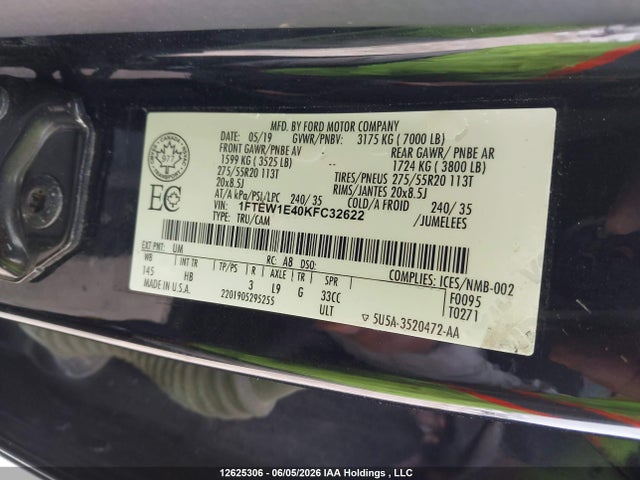 12625306 :رقم المزاد ، 1FTEW1E40KFC32622 vin ، 2019 Ford F-150 مزاد بيع