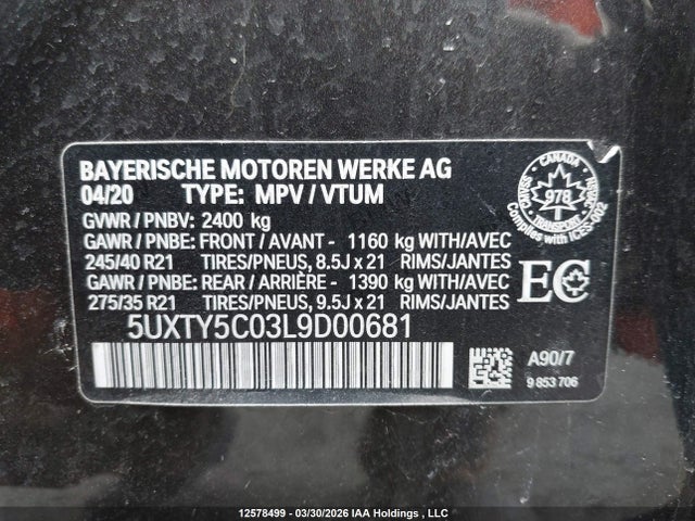 2020 Bmw X3 Xdrive30i მანქანა იყიდება აუქციონზე, vin: 5UXTY5C03L9D00681, აუქციონის ნომერი: 12578499