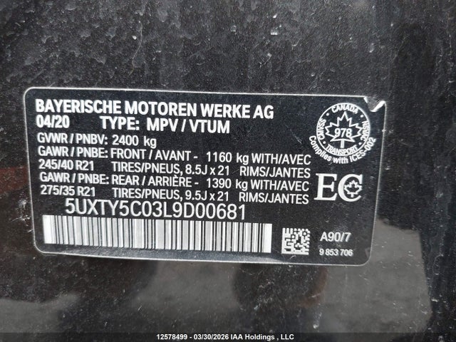2020 Bmw X3 Xdrive30i მანქანა იყიდება აუქციონზე, vin: 5UXTY5C03L9D00681, აუქციონის ნომერი: 12578499