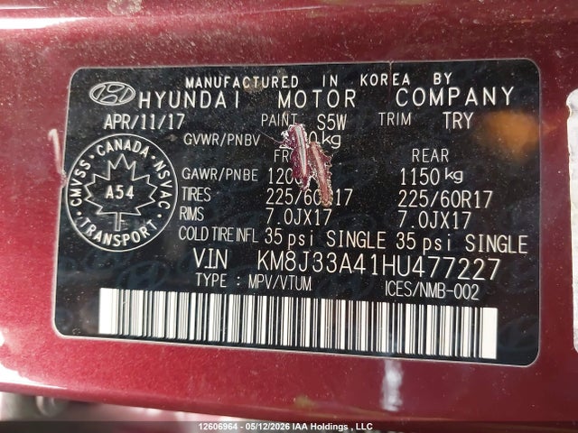 12606964 :رقم المزاد ، KM8J33A41HU477227 vin ، 2017 Hyundai Tucson Se مزاد بيع