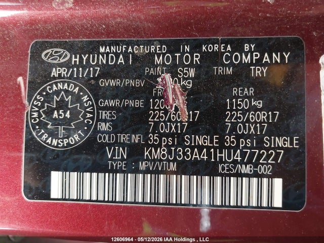 12606964 :رقم المزاد ، KM8J33A41HU477227 vin ، 2017 Hyundai Tucson Se مزاد بيع