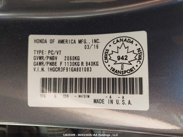 2016 Honda Accord Touring მანქანა იყიდება აუქციონზე, vin: 1HGCR3F91GA801083, აუქციონის ნომერი: 12625309