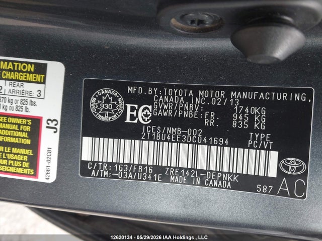 12620134 :رقم المزاد ، 2T1BU4EE3DC041694 vin ، 2013 Toyota Corolla Le مزاد بيع