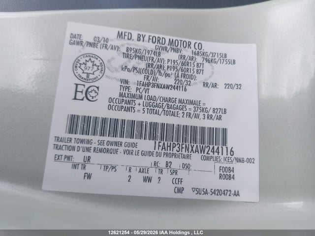 12621254 :رقم المزاد ، 1FAHP3FNXAW244116 vin ، 2010 Ford Focus Se مزاد بيع