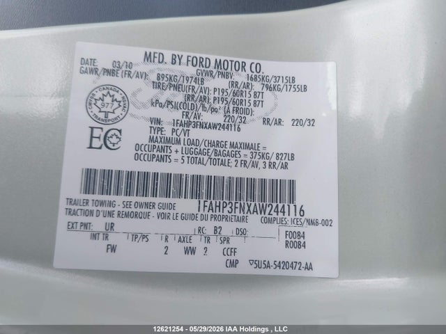 12621254 :رقم المزاد ، 1FAHP3FNXAW244116 vin ، 2010 Ford Focus Se مزاد بيع