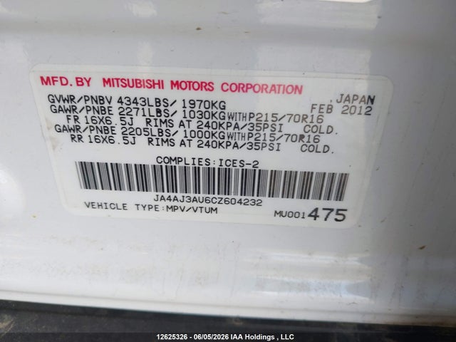 2012 Mitsubishi Rvr Se მანქანა იყიდება აუქციონზე, vin: JA4AJ3AU6CZ604232, აუქციონის ნომერი: 12625326