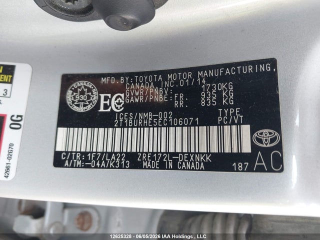 2014 Toyota Corolla Le მანქანა იყიდება აუქციონზე, vin: 2T1BURHE5EC106071, აუქციონის ნომერი: 12625328