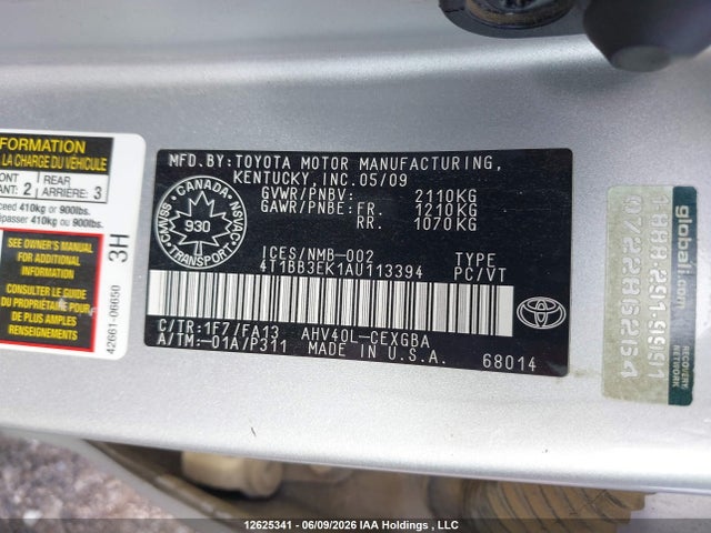 12625341 :رقم المزاد ، 4T1BB3EK1AU113394 vin ، 2010 Toyota Camry Hybrid مزاد بيع