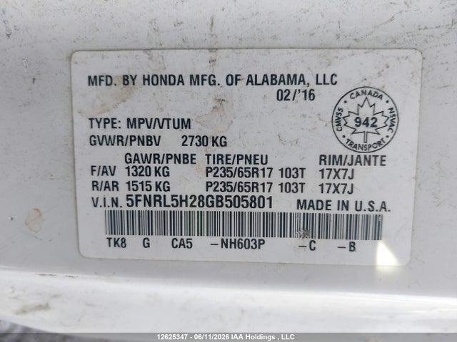 2016 Honda Odyssey Lx მანქანა იყიდება აუქციონზე, vin: 5FNRL5H28GB505801, აუქციონის ნომერი: 12625347