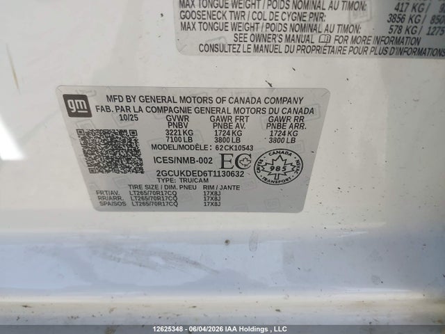 Aukcja sprzedaży 2026 Chevrolet Silverado K1500 Lt, vin: 2GCUKDED6T1130632, numer aukcji: 12625348