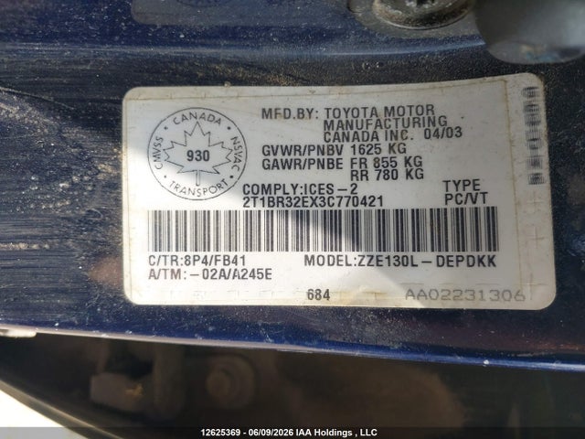 12625369 :رقم المزاد ، 2T1BR32EX3C770421 vin ، 2003 Toyota Corolla Ce/le/s مزاد بيع