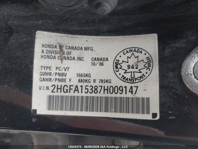 2007 Honda Civic Dx მანქანა იყიდება აუქციონზე, vin: 2HGFA15387H009147, აუქციონის ნომერი: 12625370