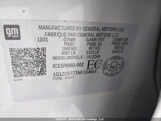 Продажа на аукционе авто 2022 Chevrolet Malibu Lt, vin: 1G1ZD5ST1NF104669, номер лота: 12625376