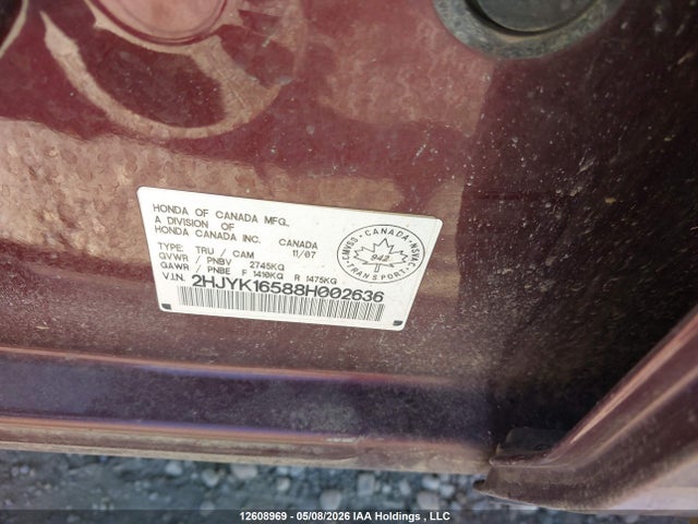 Auction sale of the 2008 Honda Ridgeline Ex-l, vin: 2HJYK16588H002636, lot number: 12608969