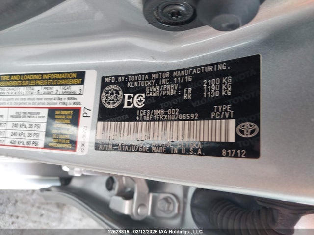 Продажа на аукционе авто 2017 Toyota Camry Xle, vin: 4T1BF1FKXHU706592, номер лота: 12528315