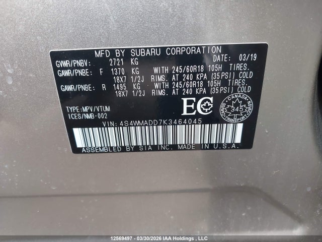 Auction sale of the 2019 Subaru Ascent Touring, vin: 4S4WMADD7K3464045, lot number: 12569497