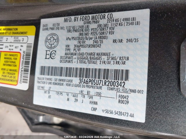 Aukcja sprzedaży 2020 Ford Fusion Energi Titanium, vin: 3FA6P0SU7LR200342, numer aukcji: 12573438